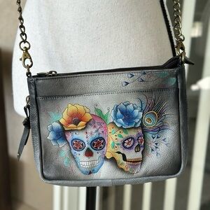 NWOT Anuschka Gray Hand painted Crossbody Bag with Colorful Skull Art